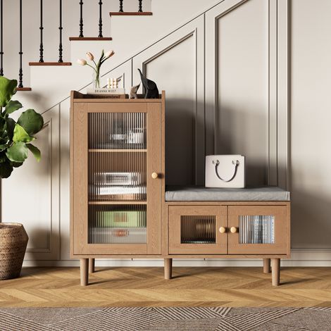 Banc à chaussures avec banc et espace de rangement, assise rembourrée, étagère à chaussures pour couloir, entrée et chambre à coucher,Natural,100×35×82.5cm (1/5)