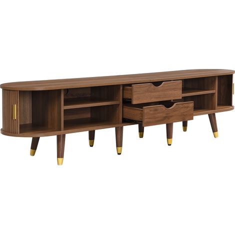Ensemble meuble TV et table basse avec plateau relevable, MDF finition noyer, portes coulissantes, poignées dorées (1/5)