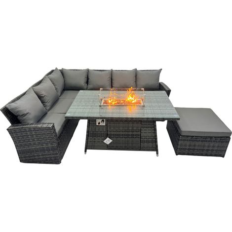 Fimous 7 Sitzer Outdoor Hoher Rücken Rattan Gartenmöbel Esstisch Set Dunkelgrau gemischt