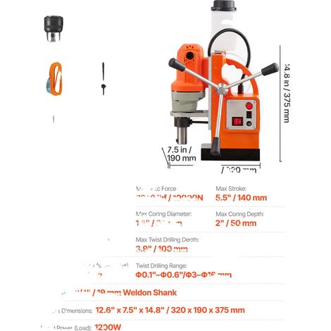 Perceuse magnétique, vitesse de 900 RPM, force magnétique de 2248 lbf, 1200W (1/2)