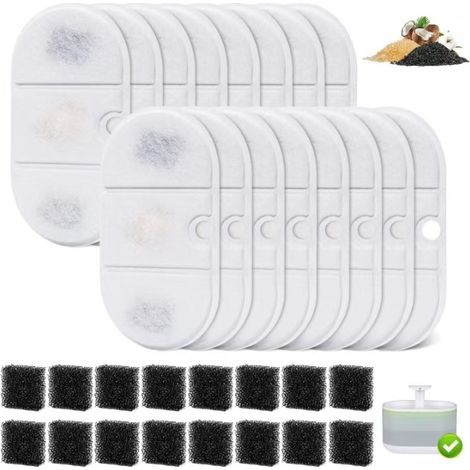 Filtres pour Fontaine à Chat, Lot de 16 filtres et 16 éponges en Résine et Charbon Actif, compatible avec Fontaine à eau pour Chat de 2,1 l PLWF002 (1/5)