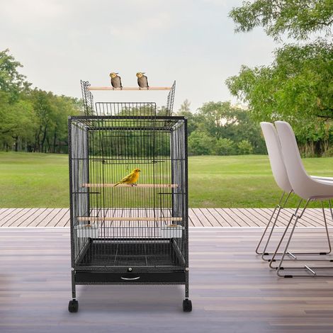 Cage à oiseaux en métal - Cage à perroquets - Ouverture vers le haut - Cage avec roues, gamelle et plateau - Pour perroquets, moineaux et divers oiseaux de petite ou moyenne taille (1/5)