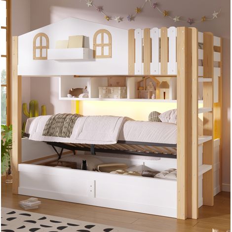 Lit superposé enfant 90x200 cm cabane avec LED, rangement ouvert, coffre hydraulique, échelle réversible, en bois, blanc et naturel (1/5)