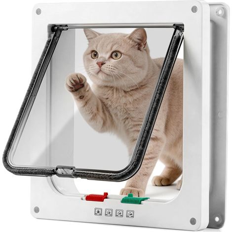Gatera, 28×25×5,5 cm. Gatera grande para uso interior y exterior, sistema de cierre de 4 vías para gatos y perros pequeños, fácil instalación, cierre magnético, color blanco. (1/5)