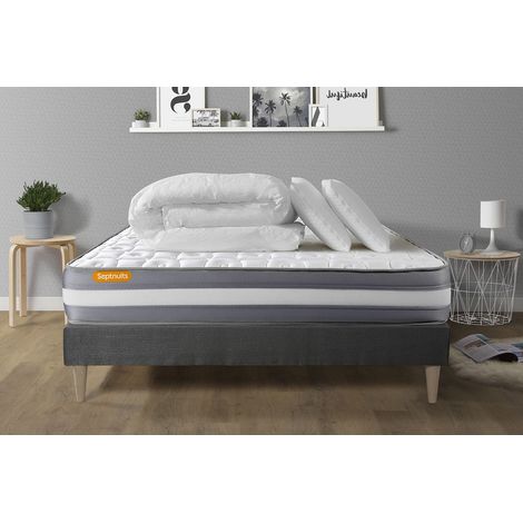 Ensemble matelas sommier Memo plus 140 x 190 cm - Couleur : Gris avec 2 oreillers et couette (1/5)