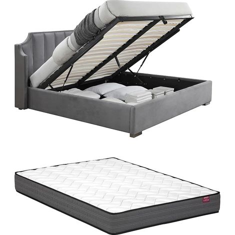 Letto con contenitore 140 x 190 cm con testata letto curva Velluto Grigio + Materasso - TEOMIS (1/5)