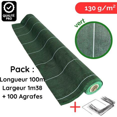 Toile de paillage avec agrafes Longueur 100m Largeur 1,38m anti mauvaises herbes Couleur Vert 130gr m2 ZENLYS tissée Pack Lot (1/5)