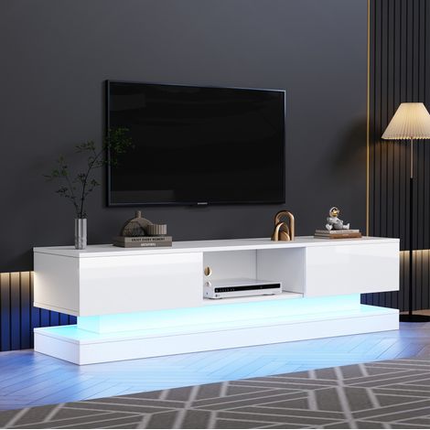 Mueble TV blanco brillo 160 x 35 x 40,5 cm con LED y 2 cajones DESVIAE (1/5)