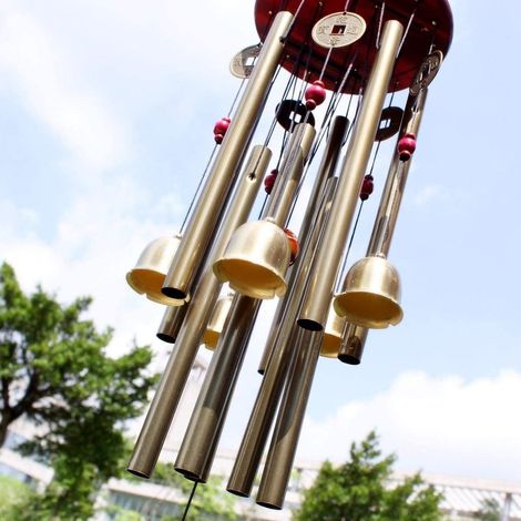 Chianrliu Sonnette Vent VI Souhaite prospérité Incroyable Traditionnel Chinois 4 Tubes Bronze 5 Cloches Base Bois Patio Intérieure 2 (1/4)