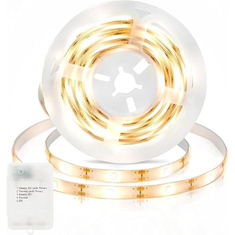 LED Strip Lights Battery Operated 1M with Timer, 5 Modes Waterproof Self Adhesive Cuttable LED Strip Lights for Bedroom Mirror Wardrobe Patio Decoration (Warm White) (1/5)