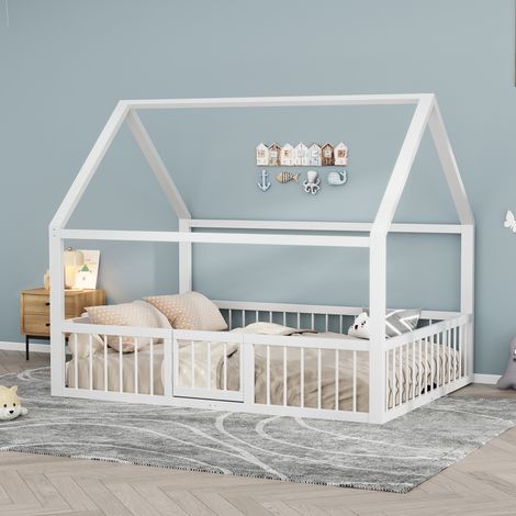 Lit cabane 140x200cm - lit enfant en métal avec sommier à lattes, moulures de maison, balustrade - sans matelas - blanc (1/5)
