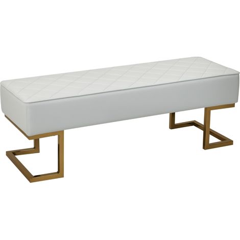 Banquette HOMCOM pour chambre et salon, avec rangement, en simili-cuir et métal, blanc et doré, dimensions 120 x 43 x 42 cm (1/5)