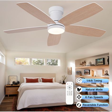 Ventilatore da soffitto LED 5 pale reversibili, 6 velocità, telecomando, metallo e legno naturale bianco (1/5)