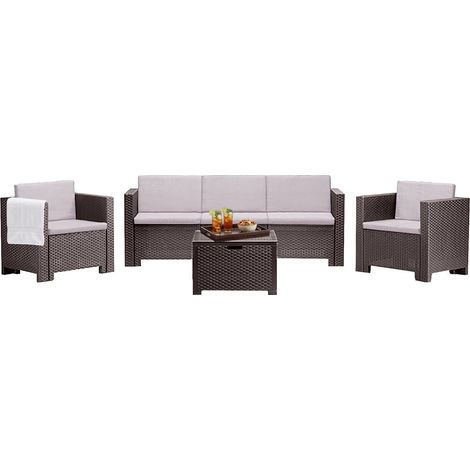 Dmora - Loungeset für draußen Cameri, Outdoor-Lounge mit Couchtisch, Terrassenset mit Kissen, Gartenkomposition mit Sofa und Sesseln, Made in Italy, Braun