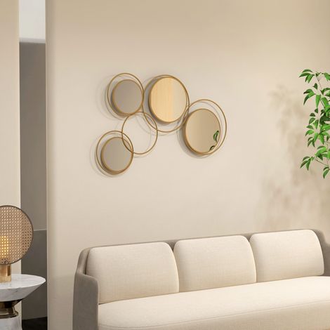 Dekorativer 3D-Metall-Wandspiegel mit 4 runden Spiegeln für Wohnzimmer, Schlafzimmer und Flur, 110 x 68 cm, Gold
