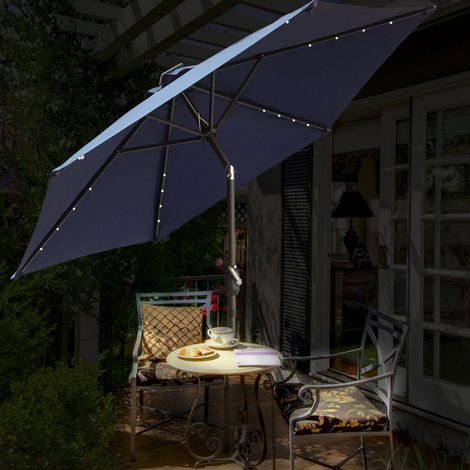 Patio Garden Parasol LED Lights Sun Shade Round Umbrella with Crank Tilt 2.5M Blue (1/5)