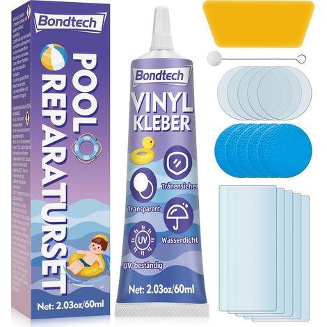 Kit de réparation de piscine, patchs étanches, kit de réparation de matelas gonflable, transparent, répare une variété d'objets gonflables, film de piscine, kayaks, bateau gonflable (60 ml) (1/5)