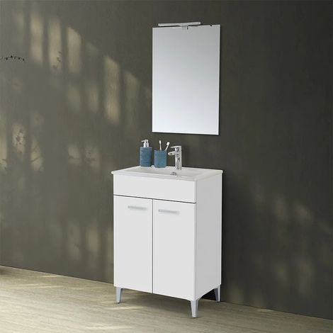 Mobile bagno a terra 60 cm bianco lucido con 2 ante lavabo e specchio Martha (1/5)