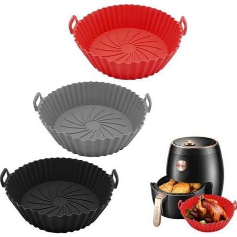 Moule en silicone pour friteuse à air chaud - Lot de 3 - Réutilisable - Compatible lave-vaisselle - Moule rond - Rouge, Noir, Gris (1/4)