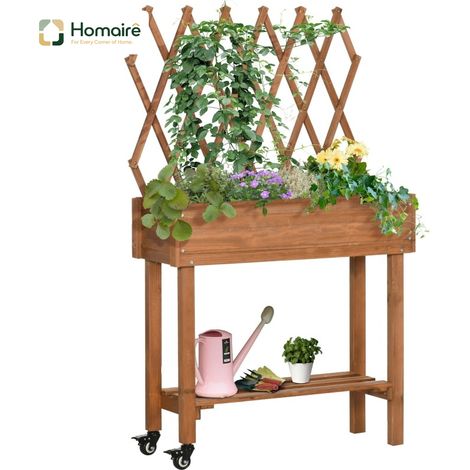 HOMAIRE Hochbeet avec Spalier Intégré, Regal et Roues en Bois Massif Brun