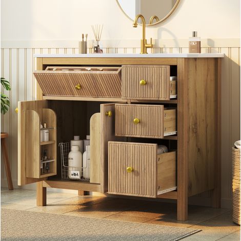 Mobile lavabo a pavimento 91x48x88 cm in MDF, legno e ceramica naturale - MEUBLIV (1/5)