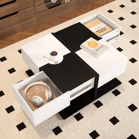Tavolino quadrato 70x70x35,5 cm, design moderno nero e bianco con 2 cassetti, mobile di archiviazione design minimalista con guide morbide per soggiorno