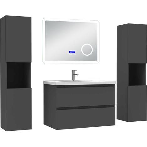 Ocean ensemble meuble 80 cm anthracite avec 2 tiroirs à fermeture automatique, lavabo céramique + miroir salle de bain Bluetooth tricolore + 2 colonnes hautes, suspendu