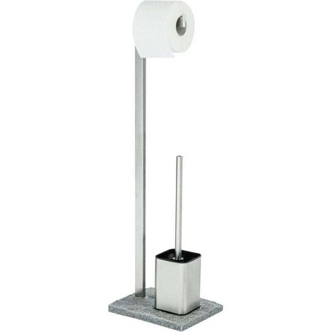 Combiné WC 2en1 Granit , Brosse WC à tête remplaçable et dérouleur papier, Acier inox et poly résine effet pierre, 23x73,5x19,5cm, Chromé et Granit (1/3)