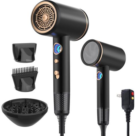 Asciugacapelli professionale, asciugacapelli ionico ad alta velocità da 1875 W con diffusore/concentratore/pettine, display LED della temperatura, controllo intelligente della temperatura (nero)