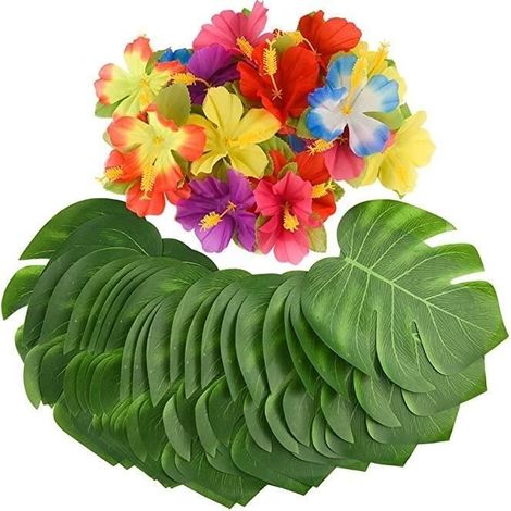 Décoration de fête - Palmier tropical - Fleurs d'hibiscus - 60 pièces - Couleurs vives - Imitation feuilles (1/4)