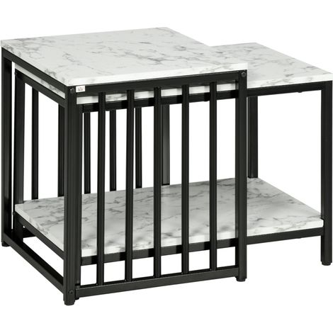 Lot de 2 tables d'appoint tables gigognes tables basses empilables avec plateau aspect bois effet marbre cadre en métal