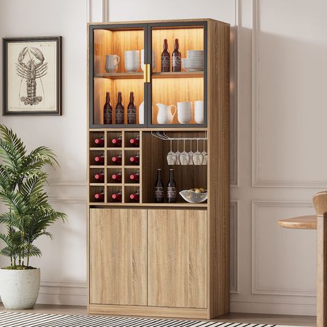 URBAN MEUBLE Vitrine haut effet bois casier à vin et porte verres avec éclairage LED 80x40x180cm (1/5)