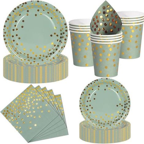 Set de Vaisselle 50 Pièces Vert Sauge et Or 10 Assiettes Plates 10 Assiettes Dessert 10 Gobelets 20 Vert Sauge et Or v CHEMISE SEXY (1/5)