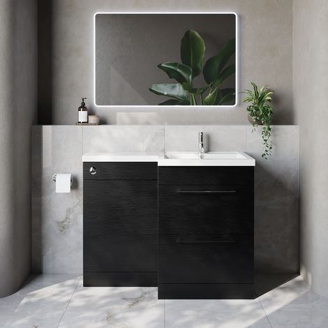 Napoli 460 Nero Oak 1100mm 2 Drawer Vanity Unit Toilet Suite with Right Hand Square Lucia Basin - 1100mm - Chrome 320mm HandleWithout Kingston Toilet Pan