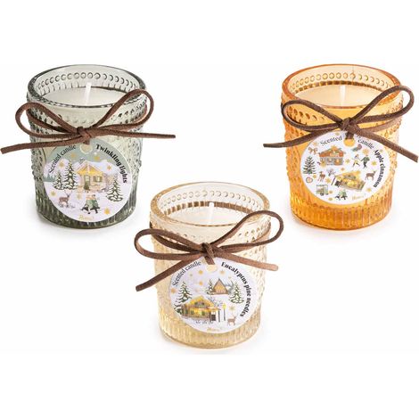 Candele profumate di Natale in barattolo di vetro lavorato e colorato con fiocco decorativo e tag paesaggio, set da 9 pezzi, Ø 5,5 cm x 6,5 H