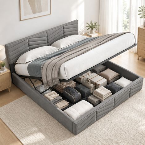 Cama con canapé 160x200 cm de terciopelo gris, cabecero ajustable - CHICFURN (1/5)