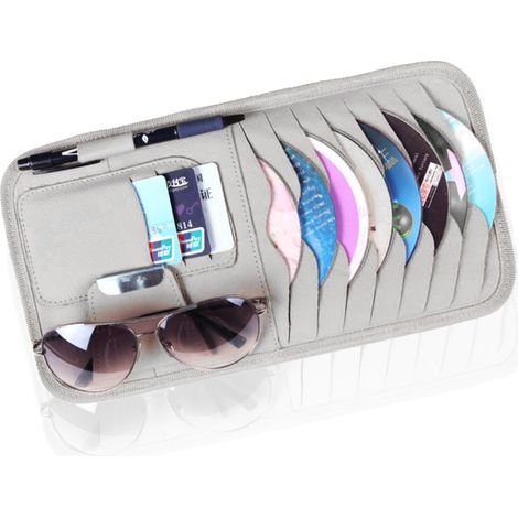 Custodia per CD per auto, grande organizer per aletta parasole, custodia per DVD per auto con 8 tasche, 1 portapenne, 3 porta carte, universale per la maggior parte delle auto