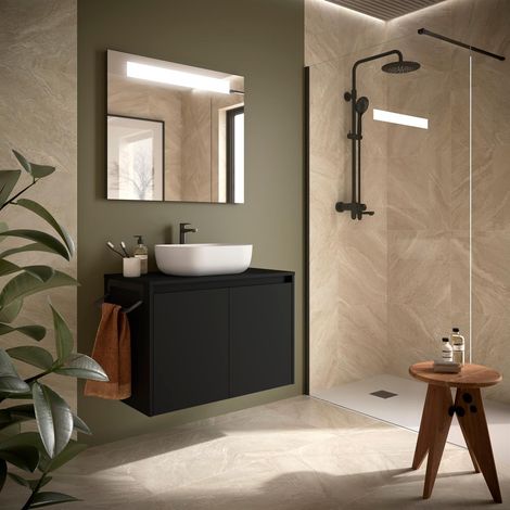 Badezimmermöbel NOJA 800 2 Türen BLACK SATIN + Waschtisch-Platte (1/2)