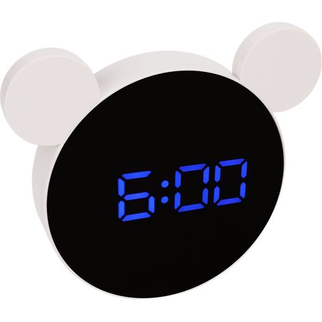 Réveil numérique avec miroir en forme d'oreilles de souris, éclairage LED, fonctions snooze et mode nuit, idéal pour les chambres d'enfants. LED bleue.