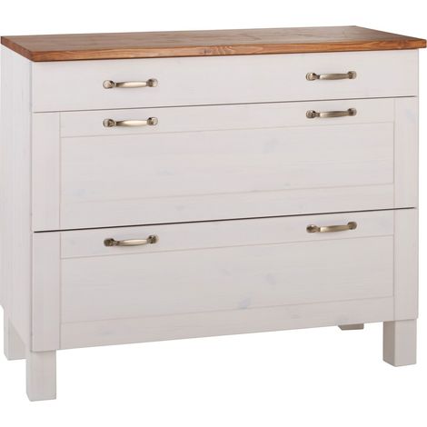 Armoire à 3 tiroirs en pin massif FSC – Couleur blanc et honig – Style campagnard moderne – Rangement pratique pour cuisine