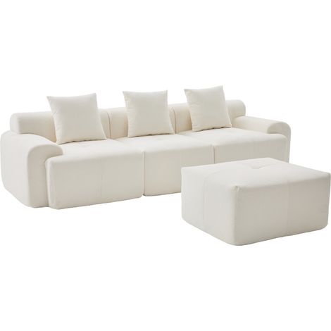 Sofá esquinero modular en L con puf de tela acanalada beige memory foam 268x174x81 cm MODENUIT (1/5)