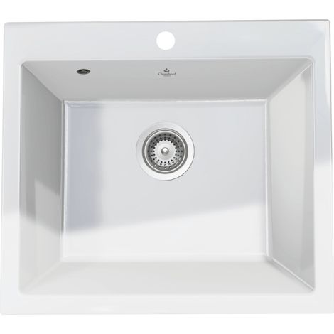 Évier céramique blanc 1 bac 600x510 mm – Encastrable sans égouttoir – Bonde et siphon inclus – Pour meuble sous évier 60 cm – Chambord