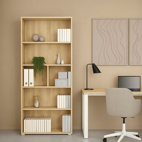 Dmora - Estante para libros Penh, Estante de oficina, Porta libros móvil, Biblioteca, 80x34 h205 cm, Roble (1/5)