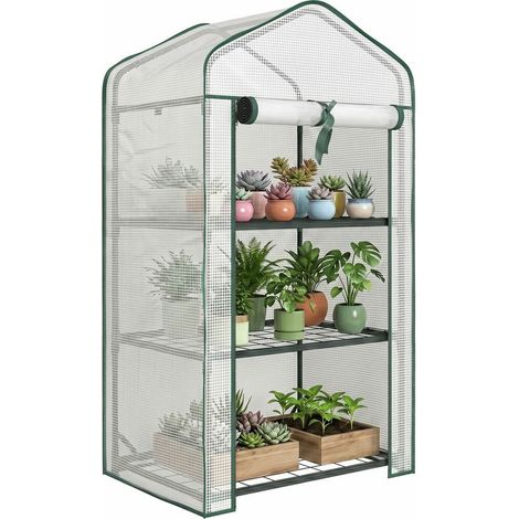 Gartenregal für Gewächshaus, 3 Ebenen, Maße 59 x 39 x 127 cm (L x B x H), pulverbeschichtetes Metall, grün, hochdichtes PE 140 g/m², weiß (1/5)