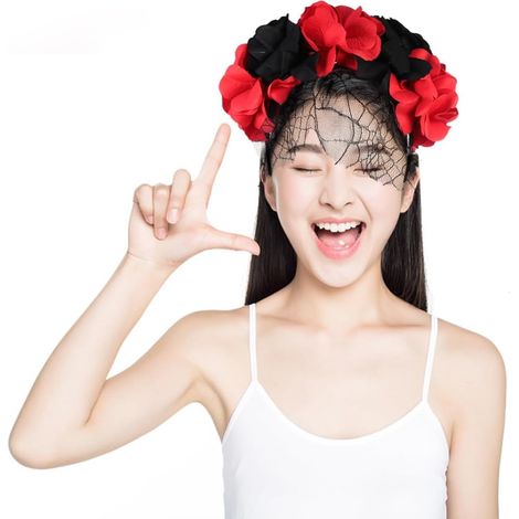 Diadema de Halloween con flores artificiales, tocado negro para fiesta de Halloween (1/5)
