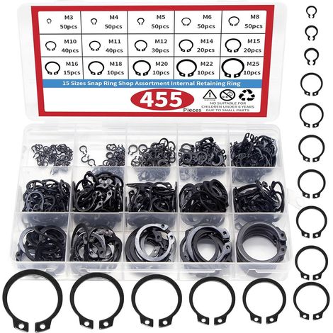 Lot de 455 Circlips, Anneaux, C-Clips, Inox, Assortiment, Outil, Mécanique, Réparation, Complet, Étui (1/5)