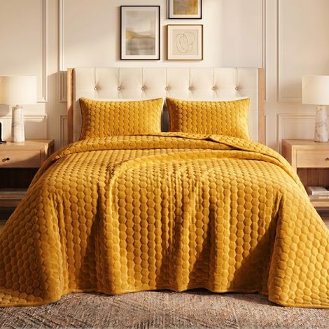 Parure de lit 3 pièces en Velours pour très Grand lit – Coutures en nid d'abeille Super Doux de 260 g/m², Couette surdimensionnée et Deux taies d'oreiller, dorée (1/5)