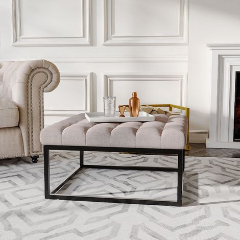 Square Linen Footstool with Metal Frame