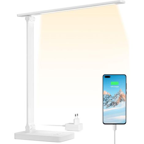 Lampe de Bureau avec Port USB 655 lm, Lampe Bureau 15W avec Adaptateur, 3 Modes de Couleur et 5 Niveaux de Luminosité Dimmable, Anti-Éblouissement, pour Lecture Travail Manucure - Blanc