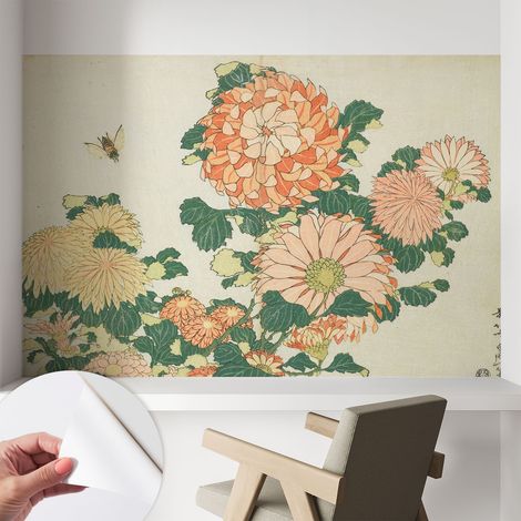 Tapete adhésive moderne pour salon et chambre à coucher Décoration rapide avec colle Fleurs de chrysanthèmes 104x70 cm (1/5)